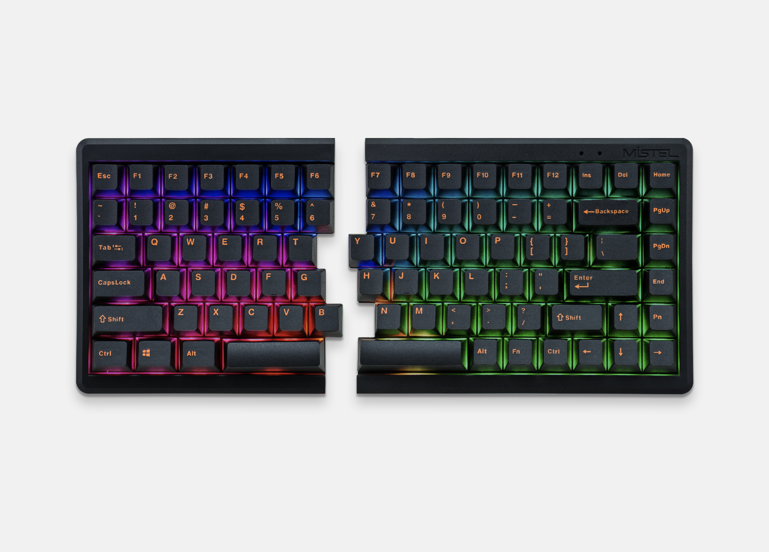 Mistel Barocco MD770 RGB split mechanical keyboard with white case, PBT keycaps, and per-key RGB lighting